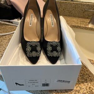 Manolo Blahnik Black Satin Heels with Crystal Embellished Buckle Hangisi 70MM